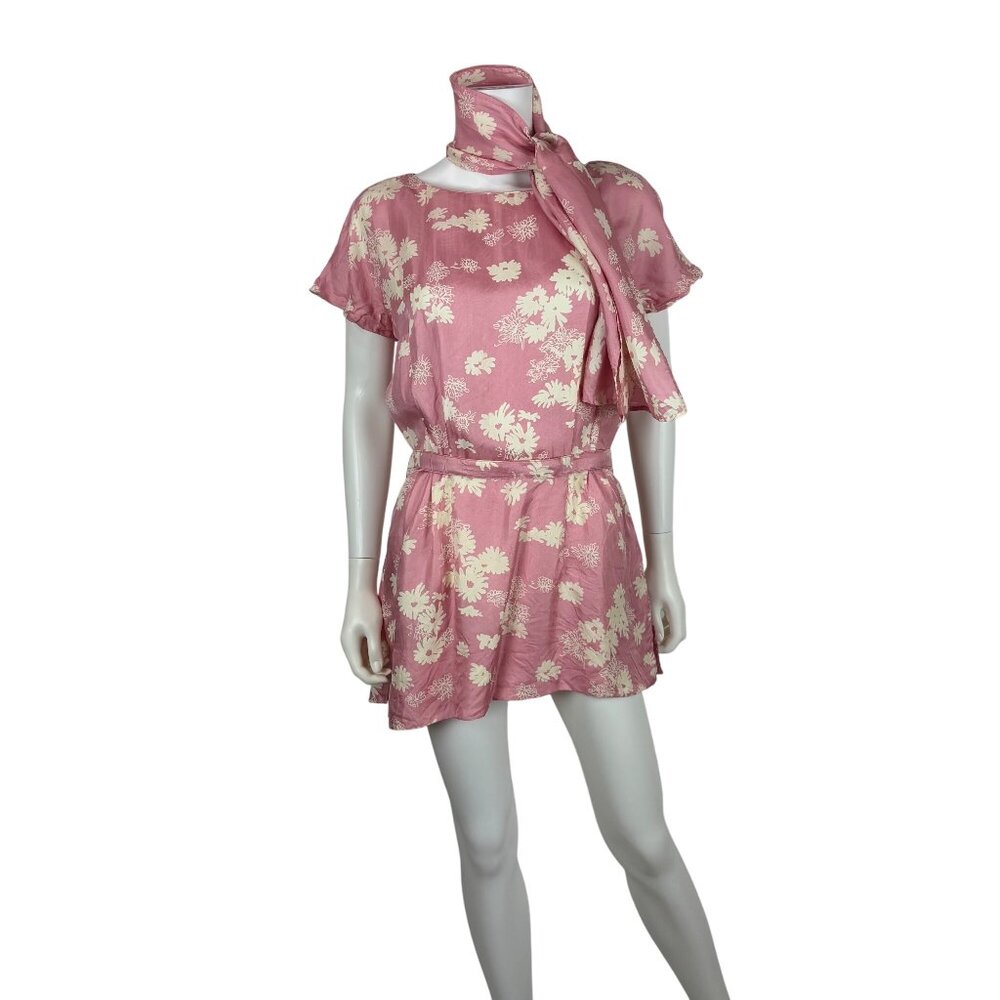 Vintage 60s Tunic Top Womens Medium Pink Floral Print Belted Shirt Matching Scar